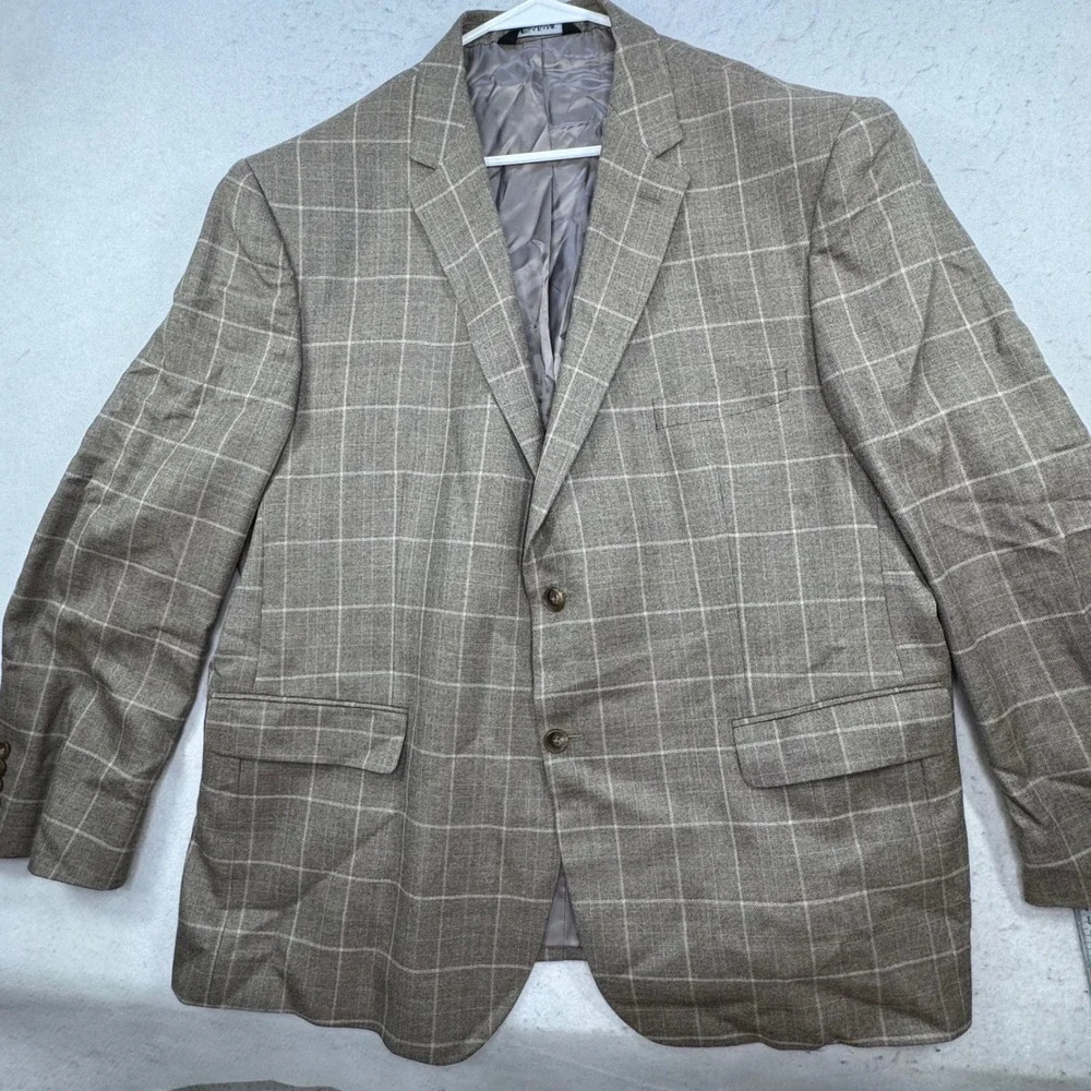 Jos. A. Bank Blazer Mens 50 Regular Tan Silk Wool Windowpane Plaid Signature